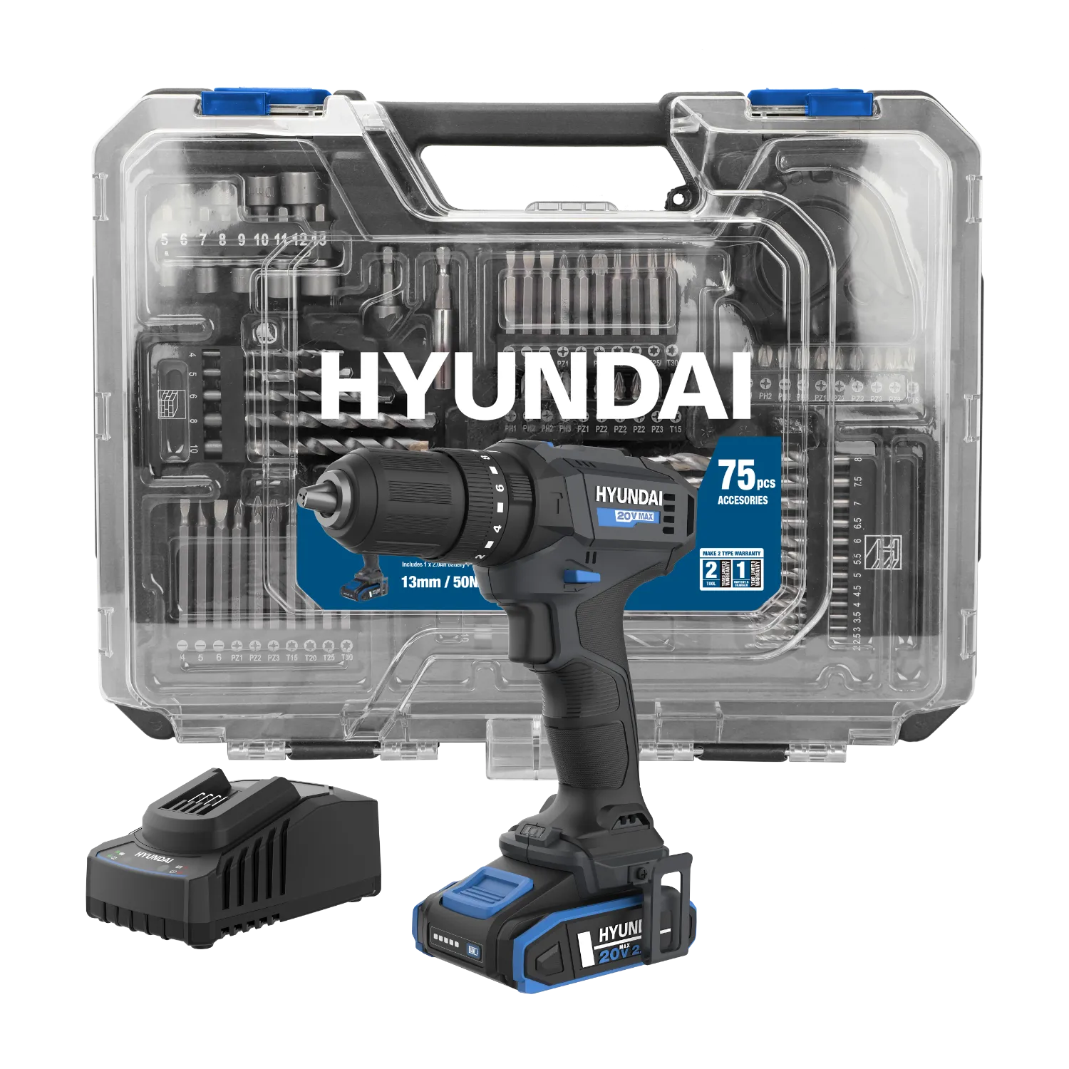 Комплект акумулаторна ударна бормашина Hyundai HD20S-50TT с куфар и 75 аксесоара