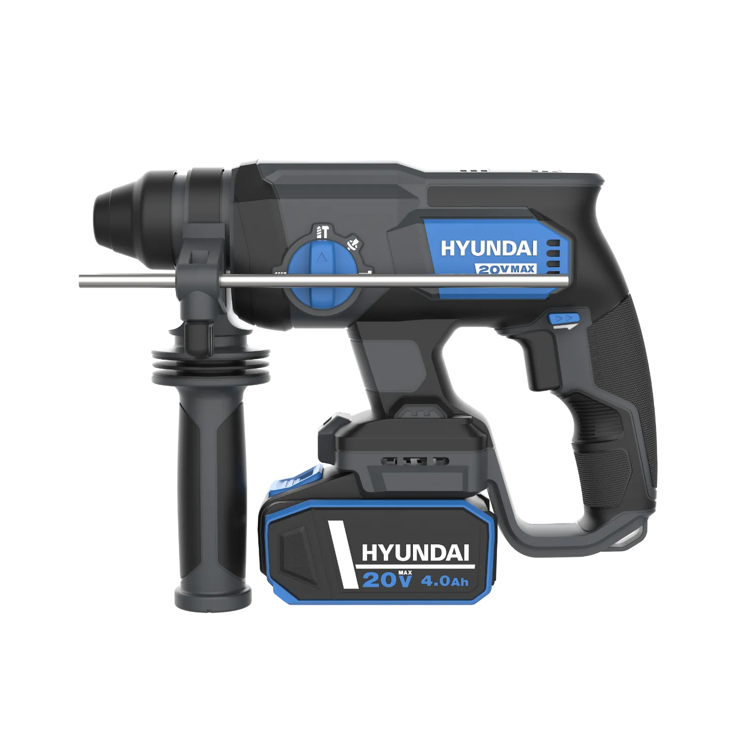 Страничен изглед на акумулаторен перфоратор Hyundai RH20X-20-4A1 с 4.0 Ah батерия