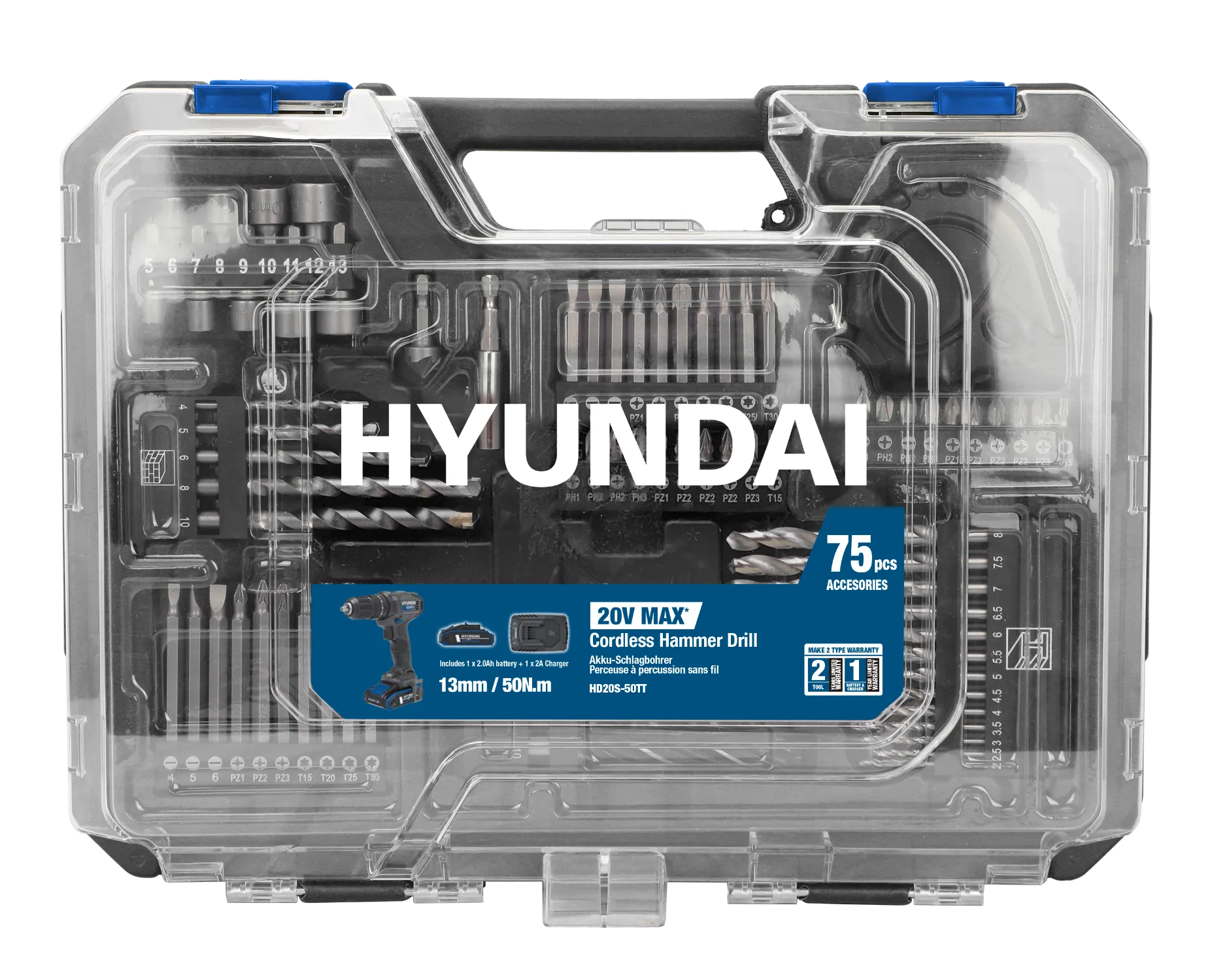 Комплект Hyundai HD20S-50TT с куфар, батерия, зарядно и 75 аксесоара